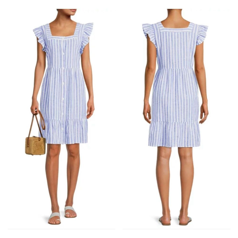 BEACH LUNCH LOUNGE Blue/White Stripe Linen Blend Button Front Dress